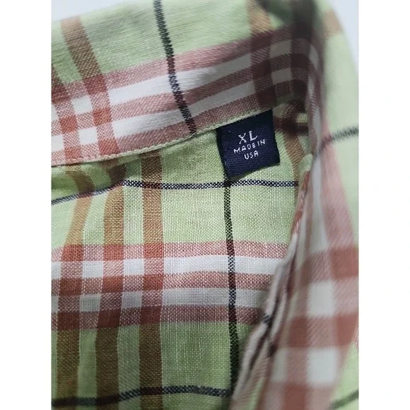 Vtg Burberry Men's Short Sleeve Linen Button Up Green Beige Check USA Made Sz XL - Picture 8 of 13